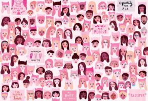 γραφιστικό σχέδιο, κολάζ σε ροζ αποχρώσεις από πρόσωπα και συνθήματα γυναικών