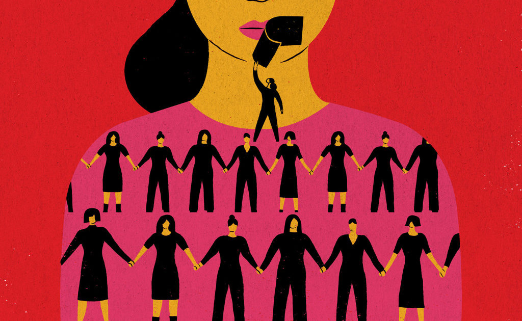 graphic, a female figure across the length of her blouse female figures holding hands, at the top of them one alone peels off a black tape that covered the large figure's mouth