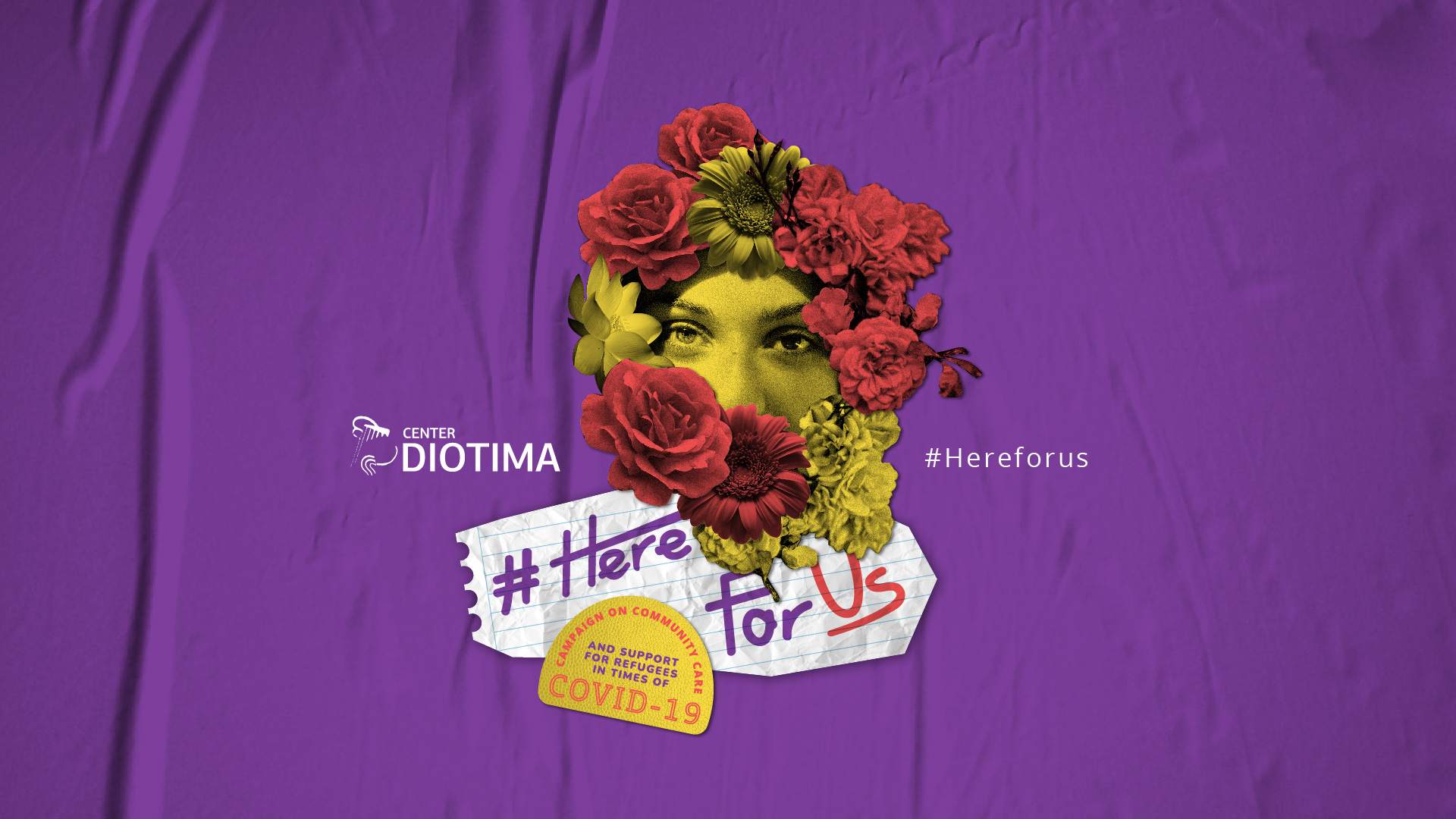 Graphic design, on a purple background a woman's face surrounded by many flowers, the caption reads "Here for us"