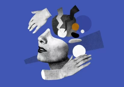 γραφιστικό σχέδιο σε μπλε φόντο, γεωμετρικά σχήματα, το μισό μέρος ενός γυναικείου προσώπου και δύο χέρια κομμένα από τον καρπό