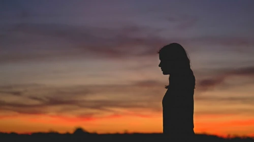 μια γυναίκα προφίλ και στο βάθος τα χρώματα του δειλινού