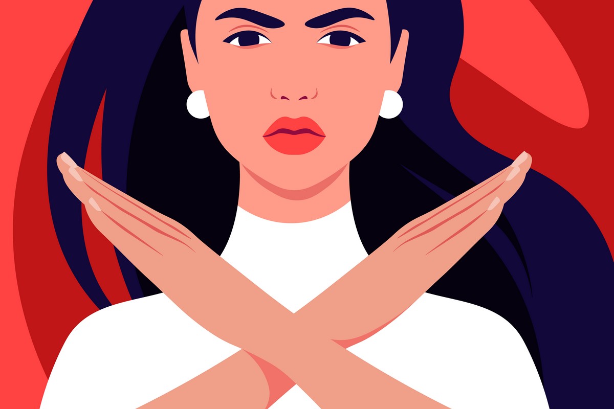 graphic design, a brunette woman forms an "X" with her hands