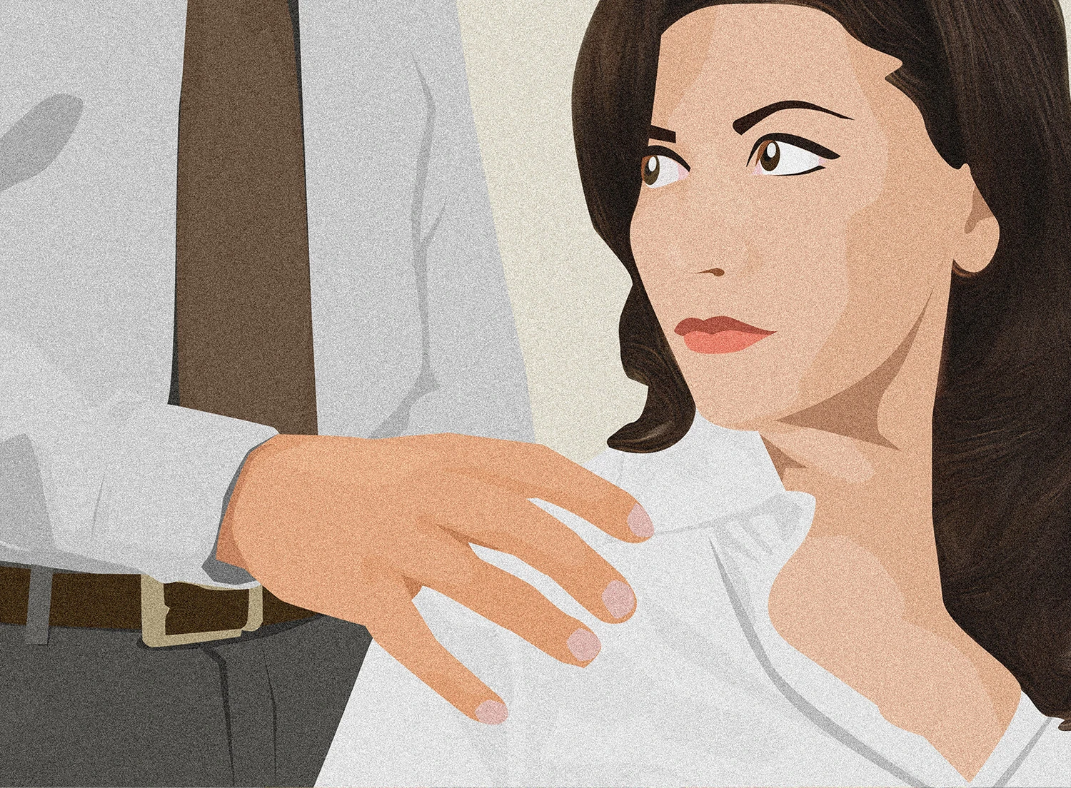 γραφιστικό σχέδιο, μια γυναίκα κοιτά έναν άνδρα με κουστούμι που την κρατά από τον ώμο