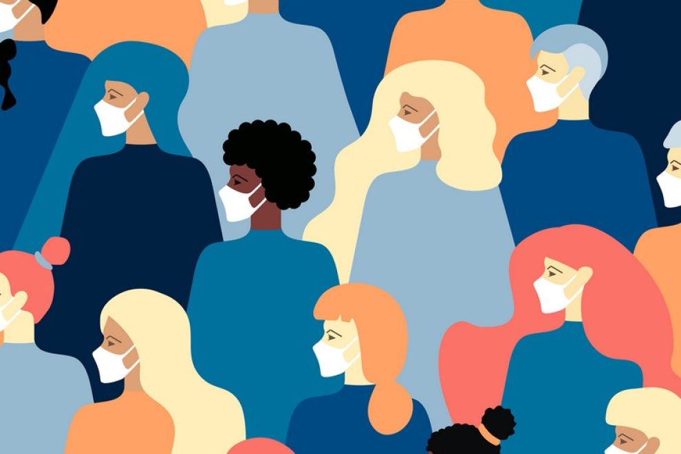 γραφιστικό σχέδιο που απεικονίζει γυναίκες και διαφορετικό χρώμα δέσματος και μαλλιών που φορούν μάσκες προστασίας προσώπου