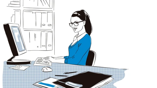 Γραφιστικό σχέδιο όπου μια γυναίκα εργάζεται στο γραφείο της