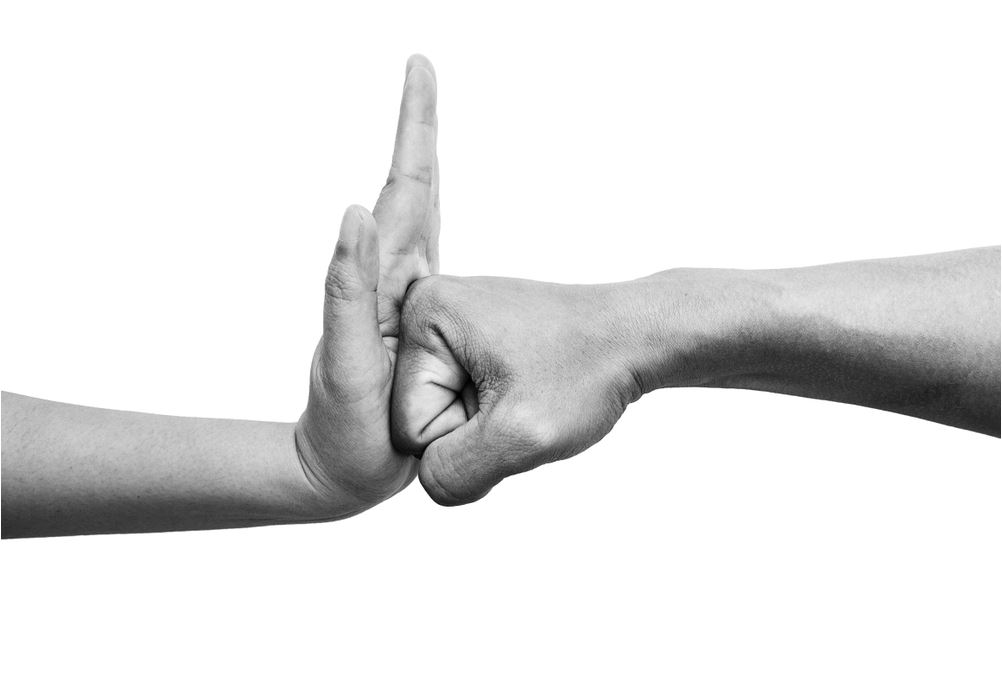 a clenched fist bumps vertically against an open palm