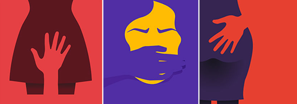 τρίπτυχο γραφιστικό σχέδιο, σε κάθε ένα απεικονίζει ένα μέρος του γυναικείου σώματος με μία παλάμη πάνω του