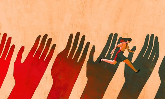 γραφιστικό σχέδιο που απεικονίζει μια γυναίκα να τρέχει πάνω από μια σειρά παλάμες