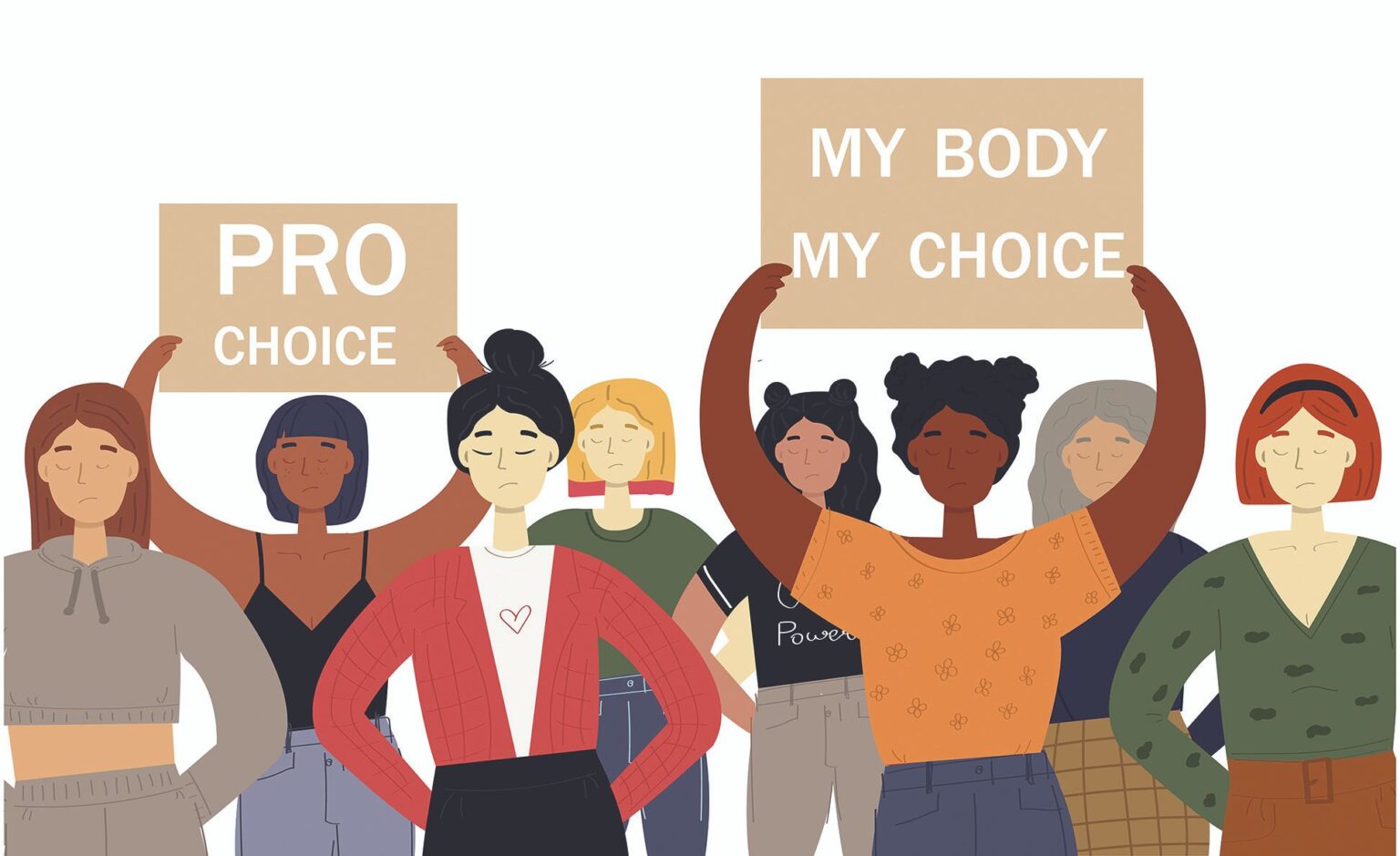 γραφιστικό σχέδιο που απεικονίζει σκίτσα γυναικών που κρατούν πλακάτ που γράφουν «Pro choice» & «My body, my choice»