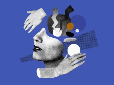 γραφιστικό σχέδιο σε μπλε φόντο, γεωμετρικά σχήματα, το μισό μέρος ενός γυναικείου προσώπου και δύο χέρια κομμένα από τον καρπό