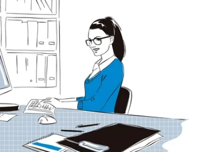 Γραφιστικό σχέδιο όπου μια γυναίκα εργάζεται στο γραφείο της