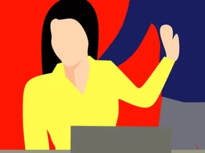 graphic design, a woman sits at a desk and pushes away a man standing behind her with her hand