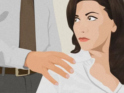 γραφιστικό σχέδιο, μια γυναίκα κοιτά έναν άνδρα με κουστούμι που την κρατά από τον ώμο