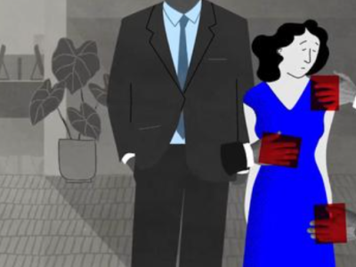 γραφιστικό σχέδιο απεικονίζει΄ έναν άνδρα με κουστούμι και μία γυναίκα πάνω στο μπλε φόρεμα της οποίας ακουμπούν τρεις παλάμες