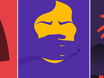 τρίπτυχο γραφιστικό σχέδιο, σε κάθε ένα απεικονίζει ένα μέρος του γυναικείου σώματος με μία παλάμη πάνω του