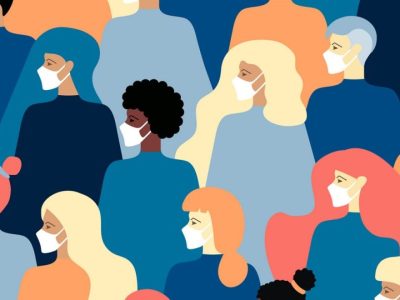 γραφιστικό σχέδιο που απεικονίζει γυναίκες και διαφορετικό χρώμα δέσματος και μαλλιών που φορούν μάσκες προστασίας προσώπου